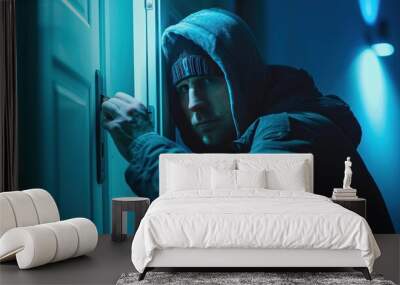 A man in a hoodie is trying to open a door. He is holding a key in his hand Wall mural