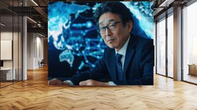 A man in a suit and tie is sitting at a desk in front of a computer monitor. He is wearing glasses and he is focused on his work. Concept of professionalism and concentration Wall mural