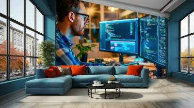 A man is sitting at a desk with two computer monitors in front of him. He is typing on a keyboard and looking at the computer screens Wall mural