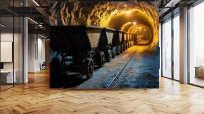 A mining cart of coal cars is traveling through a tunnel. The tunnel is dark and the train is illuminated by a light Wall mural