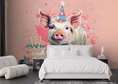 A pig cartoon illustration and delicious birthday cake topped with colorful candles, perfect for wallpaper background or banner backdrop editable. Wall mural