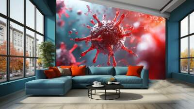 A red virus is shown in a close up Wall mural