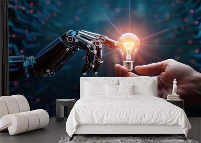 A robot is holding a light bulb in its hand. Concept of innovation and technological advancement Wall mural