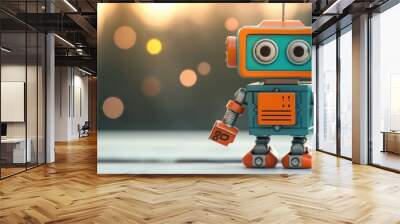 A robot with orange and blue parts stands on a wooden surface Wall mural