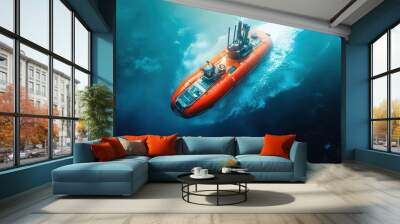 A small orange boat is floating on the water. The boat is surrounded by a dark blue ocean Wall mural