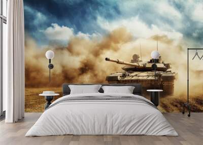 A tank is driving through a dusty desert. The tank is surrounded by a cloud of smoke, which is likely from the exhaust of the engine. The scene is intense and dramatic Wall mural