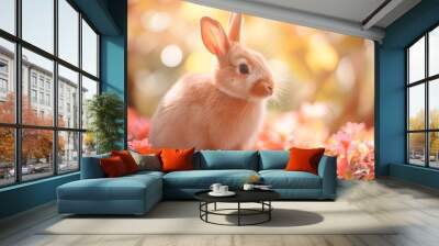 Medium close up shot of rabbit in nature blur pink background in forest. Generative AI Wall mural