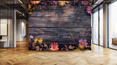 Wooden Frame background with colorful floral flower. Copyspace for text or edit. Wall mural