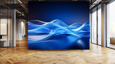 Abstract technology digital background with 3d blue light waves. Modern design with smooth shining curves lines on dark backdrop, copy space. Futuristic sci-fi banner template Wall mural