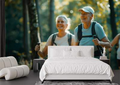 An adult man of 60 years old in a light cap participates in group summer hiking. Nordic walking in summer, a group of seniors take walks through the forest Wall mural