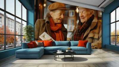 An elderly couple shopping in a souvenir shop. Senior's man and woman together at the post office. Wall mural