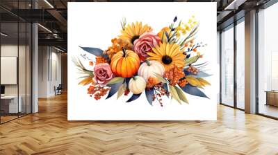 Autumn card with orange pumpkins and yellow flowers. Vector illustration. Generated AI Wall mural