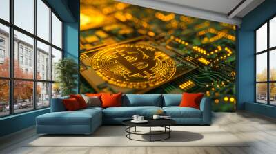 Bitcoin and Cryptocurrency investments, development of cryptocurrency projects, Background image. Bitcoin coin on an electronic circuit board. Blockchain technology and security Wall mural