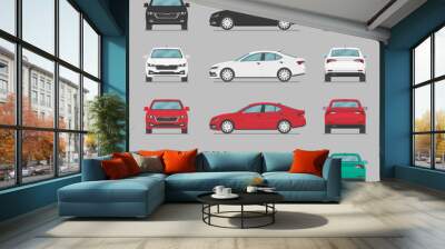 Cars from different sides. Side view, front view, back view. Cartoon car in flat style. Wall mural