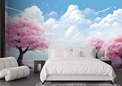 Cherry blossom landscape illustration wallpaper  Wall mural