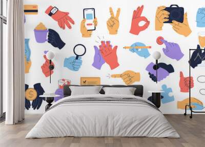 Colourful hands collection with different stuff, clock, phone, credit card, coin, camera, wine glass, heart and various gestures. Vector illustration isolated on white background. Flat cartoon style. Wall mural