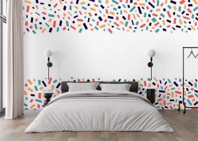 Cute background with colorful confetti. Party doodles vector border. Abstract hand drawn childish shapes on white backdrop with copy space. Festive banner design with colorful sprinkles. Memphis style Wall mural