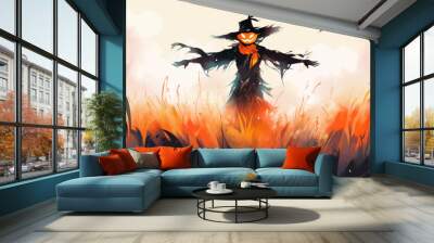 Fantasy illustration of a halloween scarecrow in a field. AI generated Wall mural