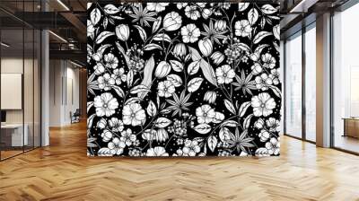 Floral black and white seamless pattern. Spring background from flowers of apple, cherry, sakura, tulips, snowdrops, tree branches and leaves. Vector eps 10 Wall mural