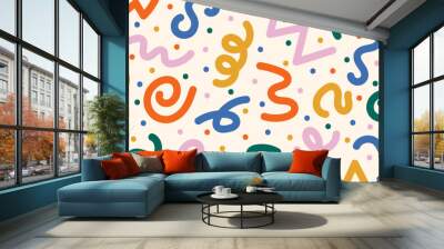 Fun colorful abstract background in doodle style. Creative minimalist hand drawn pattern with bright cute elements. Simple childish scribble backdrop. Random colorful swirls, bundles and dots Wall mural