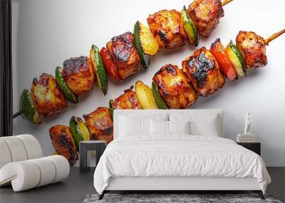 Grilled chicken skewer bar b q tikka with vegetable on wooden sticks isolated on white background top view Wall mural