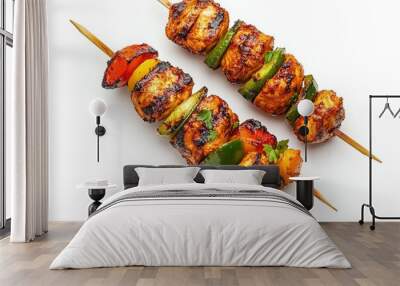 Grilled chicken skewer bar b q tikka with vegetable on wooden sticks isolated on white background top view Wall mural