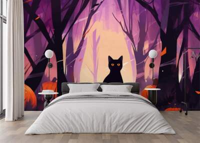 Halloween banner with tradition symbols. Pumpkins and black cat illustration. Wall mural