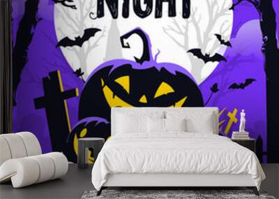 Happy halloween banner or party invitation background with violet fog clouds, ghost and pumpkins Wall mural