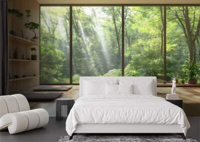 Modern interior with large windows overlooking a lush forest Wall mural