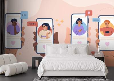 Online dating app set of young man and girl in love holding smartphone in hand looking for a couple, soulmate, relationship. People have chat and talk. Modern trendy illustration in flat cartoon style Wall mural