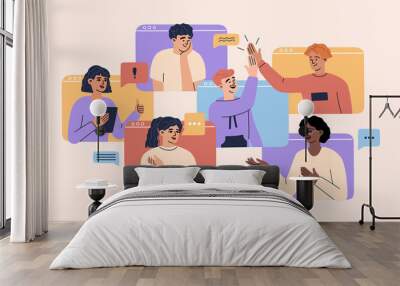 Online video call concept, virtual conference with team of remote workers, computer screen, working from home, a group of men and women colleagues have meeting, web communication. Vector illustration Wall mural