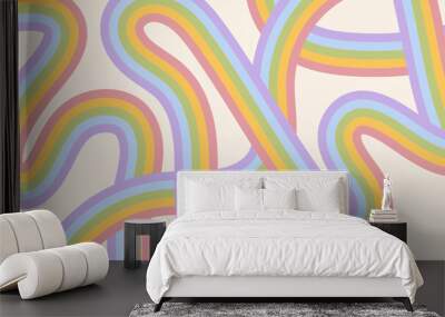 Retro abstract background with curved rainbow color stripes. Vintage groove design in trendy hippie 60-70s style. Aesthetic vector illustration Wall mural