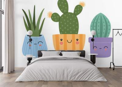 Set of cute succulents with smiling funny faces, exotic cactus home plants in pots collection. Hand drawn vector illustrations in modern trendy cartoon style, template  isolated on white background Wall mural