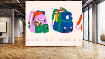 Set of different school backpack and schoolbag. Collection of colorful children bags with stationary, textbooks. Hand drawn vector illustration isolated on white background. Modern flat cartoon style. Wall mural