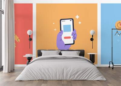 Set of various hands. Arm with mobile phone collection, a wrist watch and a finger pressing on button. Hand drawn vector illustration isolated on colorful background. Modern trendy flat cartoon style Wall mural