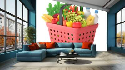 Shopping basket with groceries.  Full red plastic grocery or food cart with products in cartoon style, side view, isolated on white. 3d rendering. Wall mural