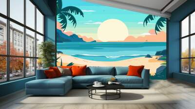 Tropical beach with palm trees and sunset, vector illustration. Wall mural