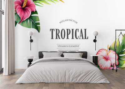 Tropical summer watercolor banner with hibiscus and plants Wall mural