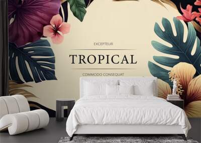 Tropical watercolor plants and flowers, summer holiday banner Wall mural