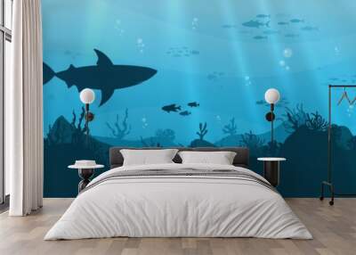 Underwater background with various sea views. Underwater scene. Cute sea fishes ocean underwater animals. Undersea bottom with corals seaweeds kids cartoon vector concept Wall mural