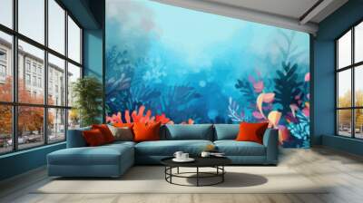 Underwater scene with coral reef, fish and seaweed. Vector watercolor illustration. Wall mural