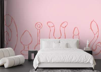 Outline sex toys. Red erotic set on a pink background. Hand drawn. Line art. Modern style. Wall mural