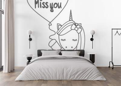 cute cartoon black and white vector unicorn with balloon with hand drawn lettering miss you text ill Wall mural