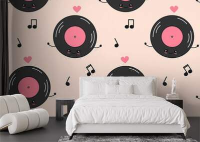 cute cartoon character vinyl record seamless vector pattern background illustration with music notes Wall mural