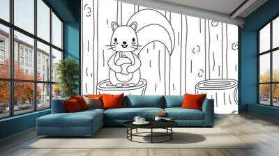 Cute lovely cartoon squirrel in the woods vector funny black and white illustration for coloring art Wall mural