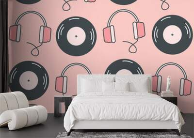 cute lovely seamless vector pattern background illustration with headphones and vinyls Wall mural