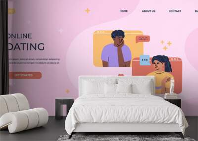 Valentines Day video call, online dating landing page. Girl and man in love spend a date at a distance, couple talk and flirt by videoconference. Modern trendy illustration in flat cartoon style. Wall mural