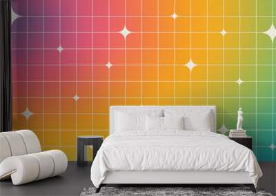 Y2K blurry rainbow gradient background with linear grid and star shapes. Cool banner template in 2000s aesthetic. Trendy minimalist vector design in brutalism style Wall mural