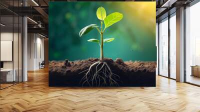 Sapling rooted in the soil reaching into the sunlight  Wall mural