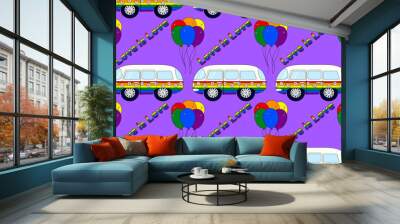 Embark on a vibrant journey with this colorful rainbow van adorned with balloons and flowers, ideal for pride celebrations. Wall mural